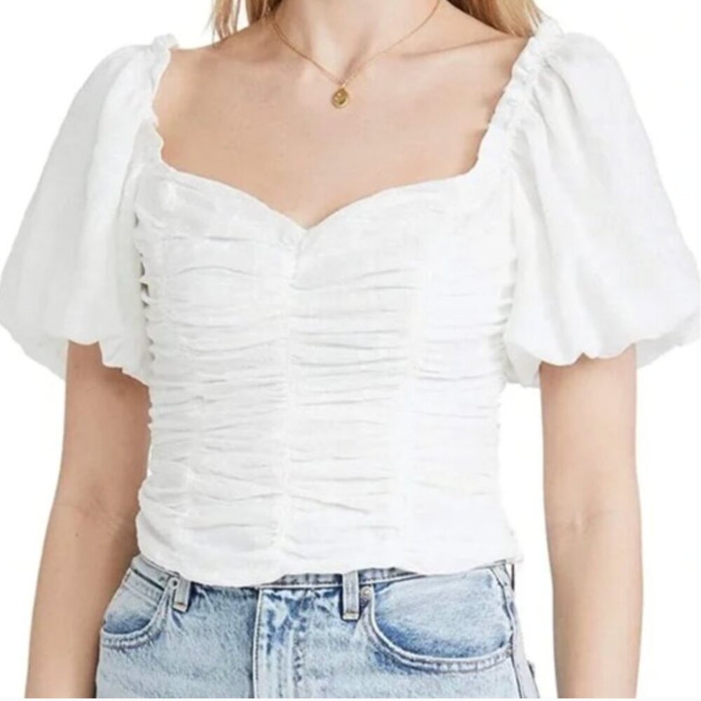 Astr White Ruched Puff Sleeve Blouse White Large Crop Top Square Neck Boho